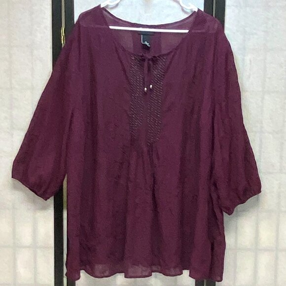 Maggie Barnes Tops - Maggie Barnes ¾ Sleeve Tied V Neck Pintuck Embroidered Blouse Tunic Grape 2XL